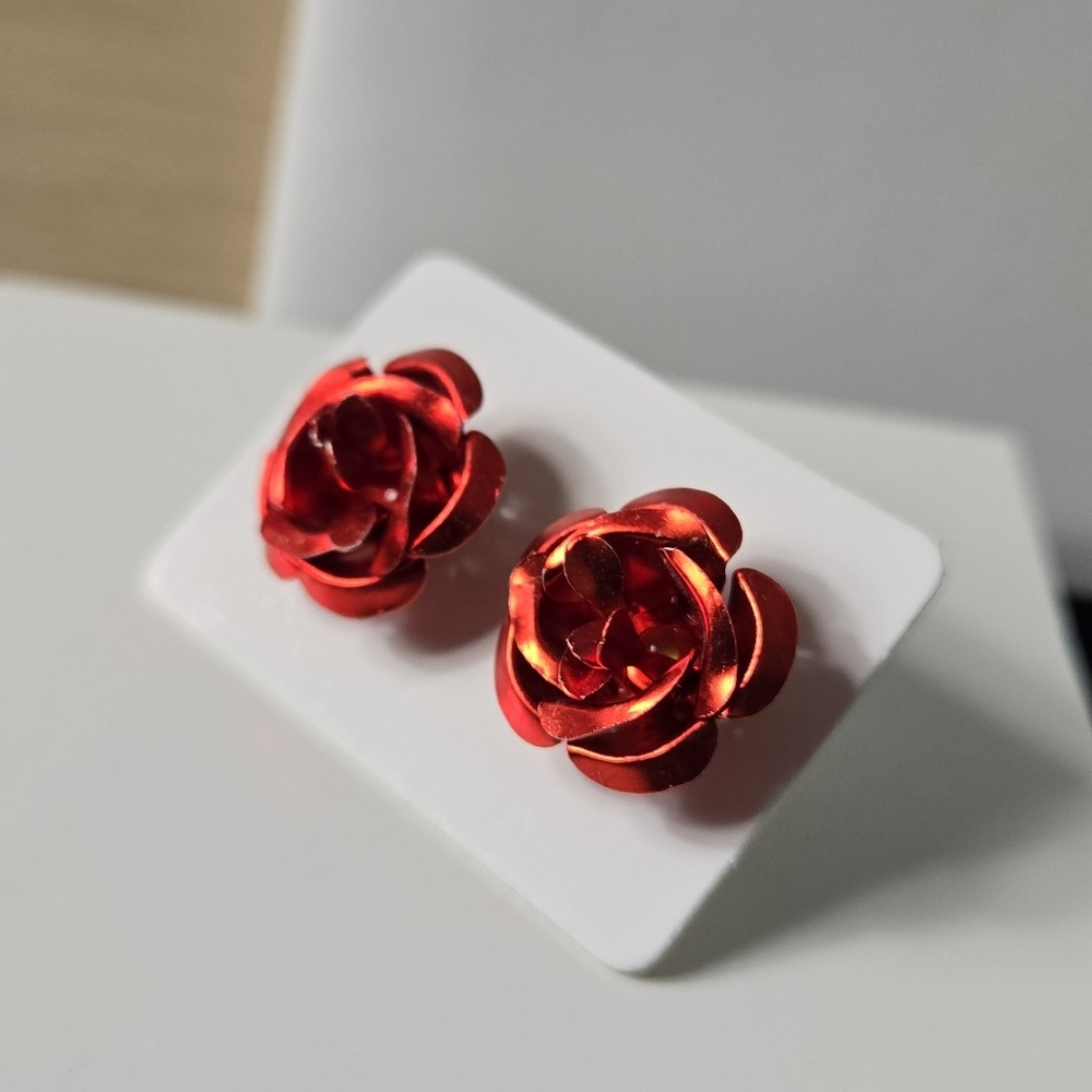 Vibrant Red Rose Stud Earrings - Picture 4 of 11